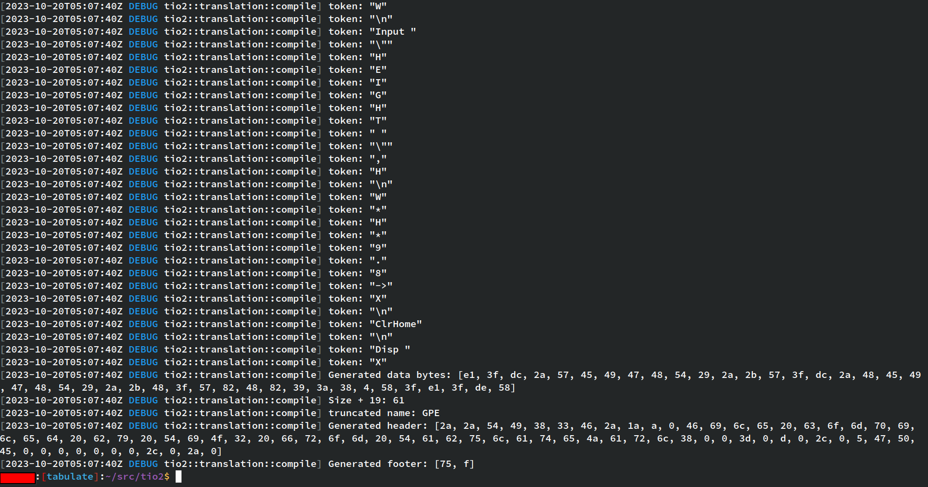 Debug output from compiling a small program