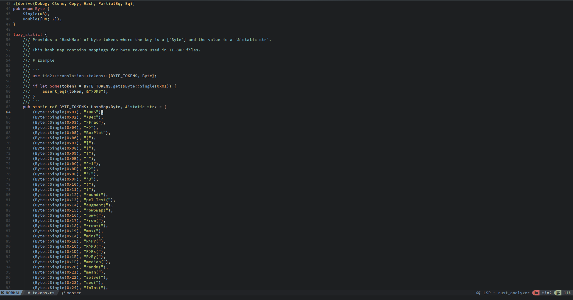 A screenshot of the tokens.rs file